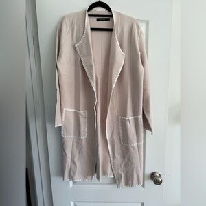 Zesica Open Front Sweater “Coatigan” Blush with White Trim Size L